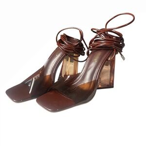 Robbin‎ Brown Vinyl Square Toe Wrap Up High Heel Sandal Size 7.5